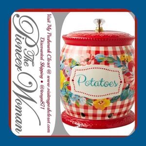 🦋 New Pioneer Woman Sweet Romance Red Gingham Ceramic Potatoes Keeper with Lid